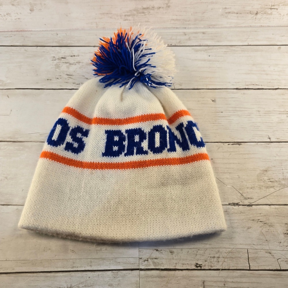 Vintage Denver Broncos Knit Beanie Hat Pom Pom White Orange Blue NFL Football